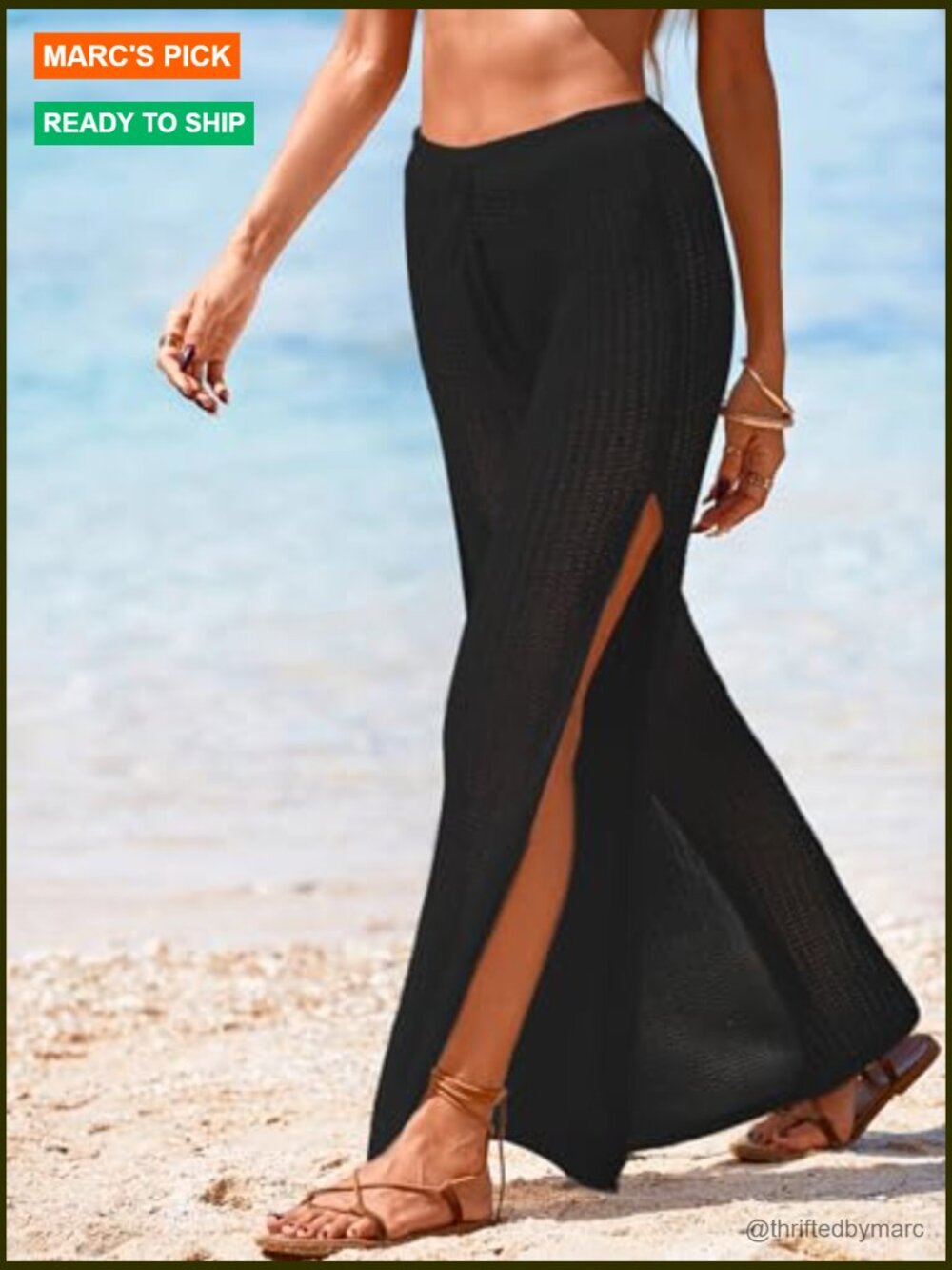 Crochet Knit Elastic Waist Beach Coverup Pants Side Slit Sheer - Picture 5 of 7